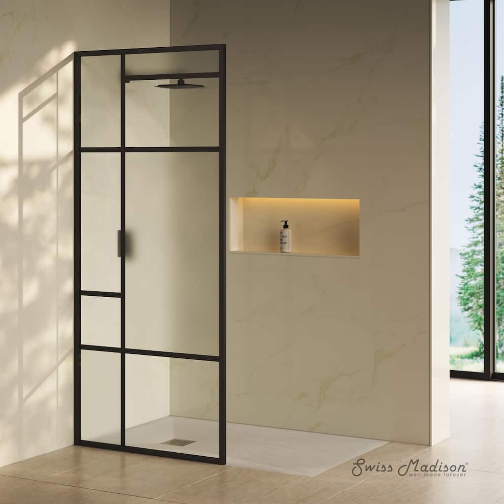 Leiden 34 X 78 Framed Fixed 3/8 In. (10Mm) Frosted Tempered Glass Shower Door With Matte Black Frame - 34 x 76