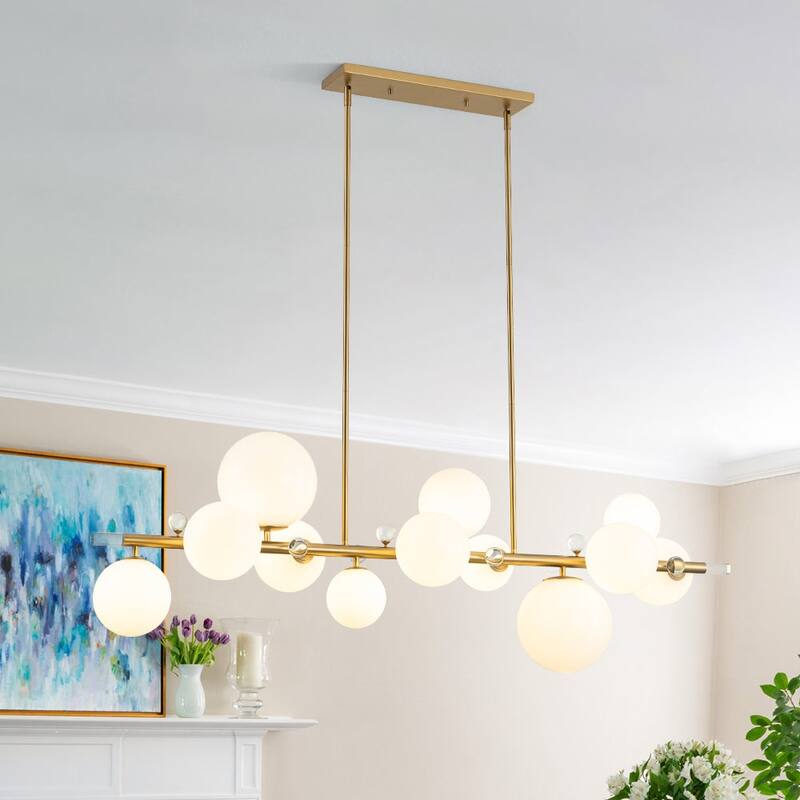 Mid-Century Luxe Milky Glass Globe Linear Chandelier Crystal Accents