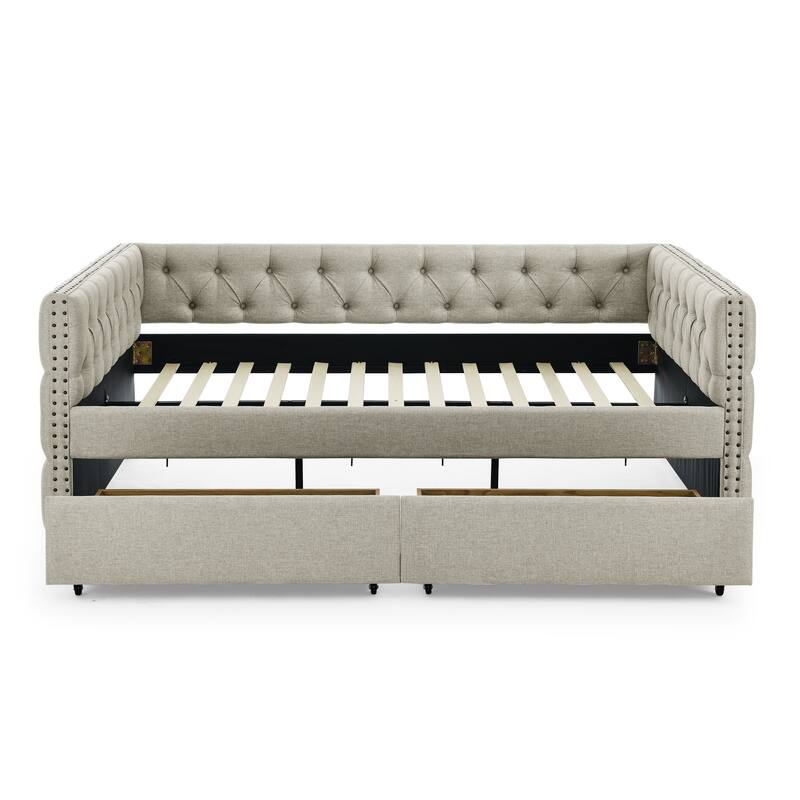 Full Size Daybed - Linen Upholstered Daybed with Storage,Button and Copper Nail