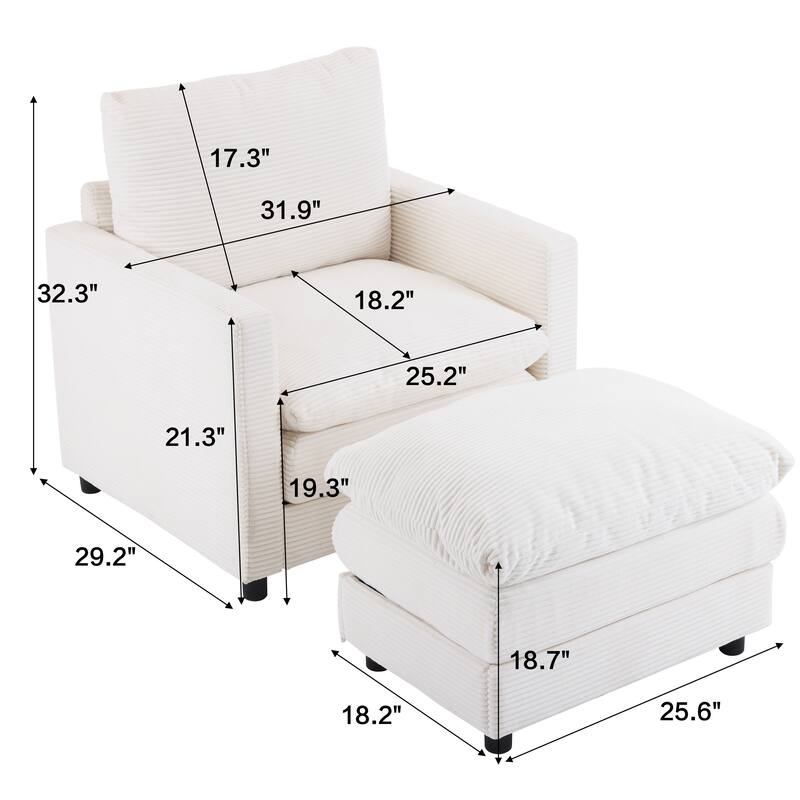 Corduroy Armchair Set with Ottoman