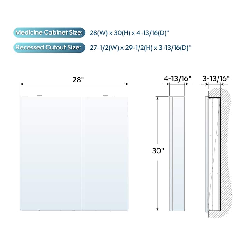 28''W X 30''H Recessed Or Surface Wall Mount Bathroom Medicine Cabinet With Adjustable Glass Shelves