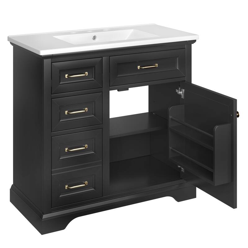36-Inch Bathroom Vanity with Ceramic Sink Top, 4 Drawers and 1 Soft-Close Door, Freestanding Storage Cabinet with Metal Handles