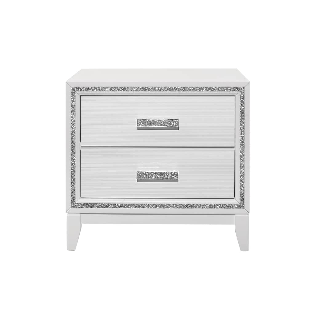White Glam Nightstand with Crystal Handles and 2 Spacious Drawers