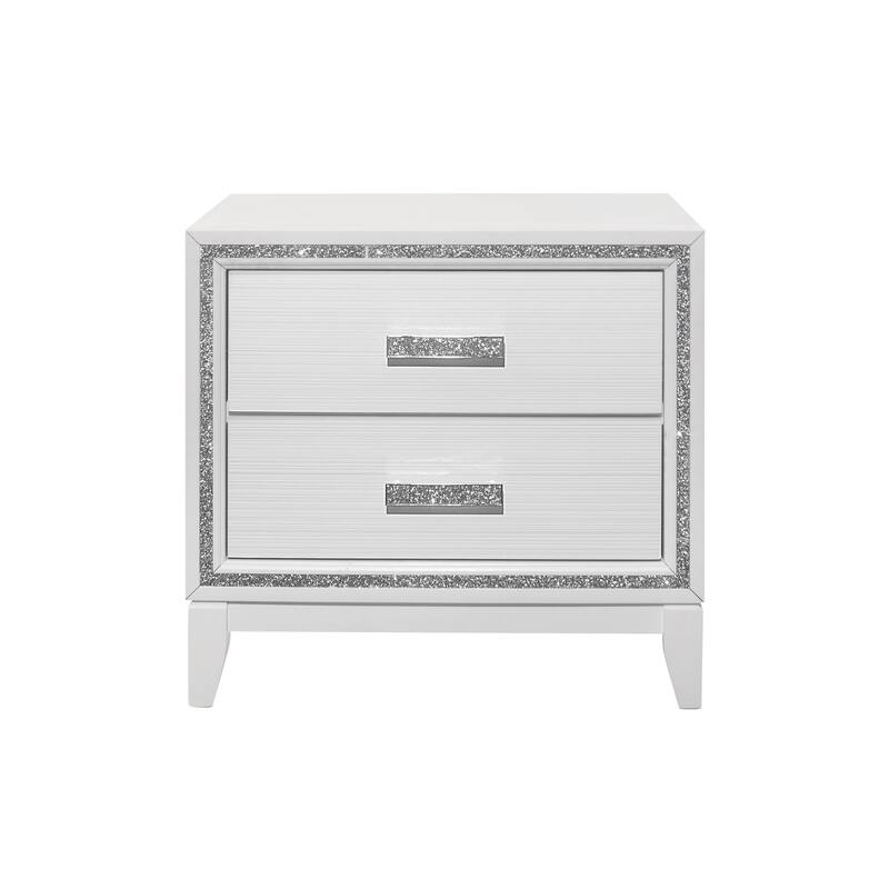 White Glam Nightstand with Crystal Handles and 2 Spacious Drawers - White