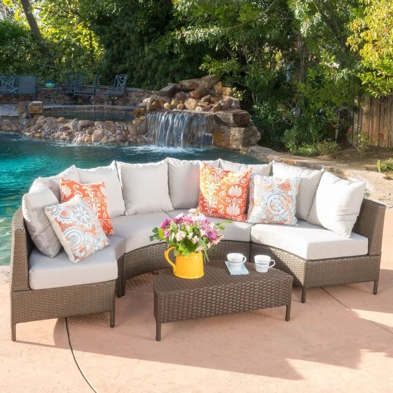 Roomfitters 5-Piece Outdoor Wicker Sectional Sofa Set, Curved Rattan Seating with Cushions & Coffee Table, Beige