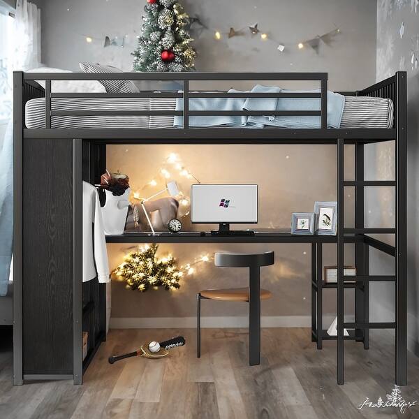 slide 2 of 10, Space-Saving Full XL Size Loft Bed Frame with Built-In Wardrobe, Metal Loft Bed with Desk and Storage Shelves Black