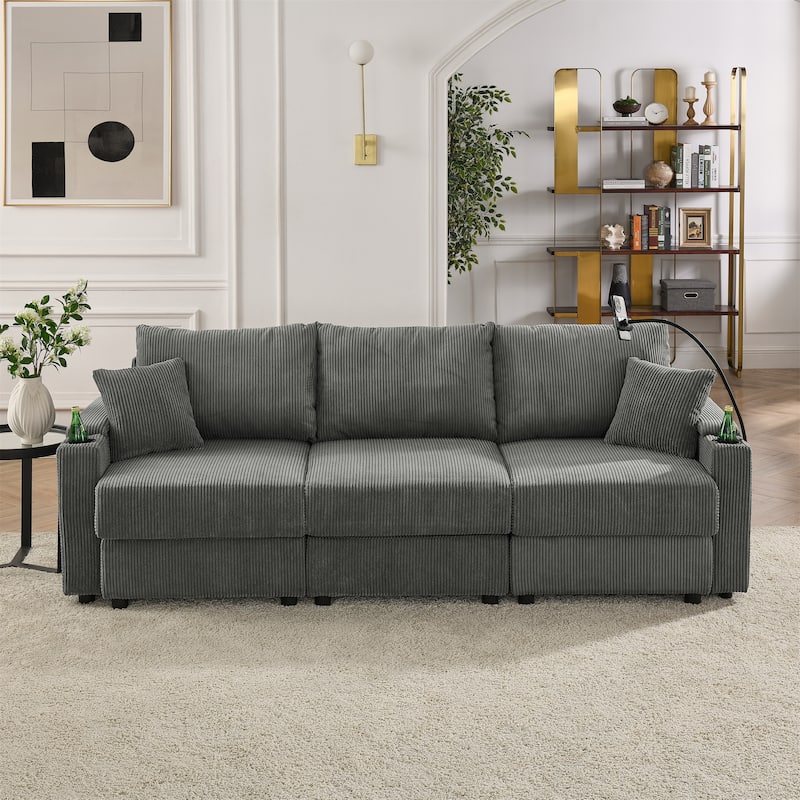 102" Corduroy 3-Seater Sofa with Deep Seat, Cup & Phone Holders - Grey
