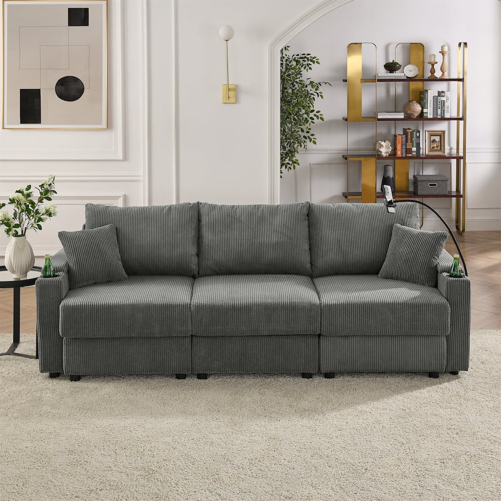Corduroy Upholstered 3 Seater Couch Deep Seat Sofa with Storage Armrests, Cup Holders and Phone Stand for Living Room