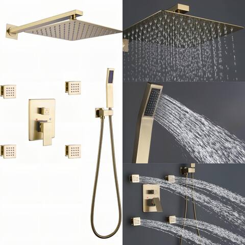 Luxury 3-way Complete Rain Shower System with 4 Body jets in Black and Gold