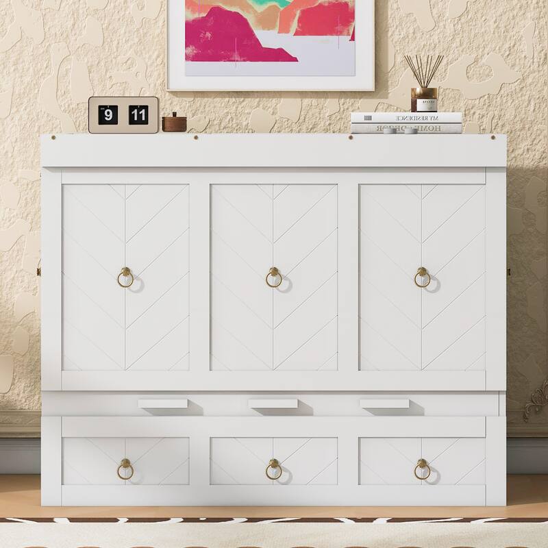 Full Size Murphy Bed with Pulley Design, Drawer, and USB Ports - White - Full