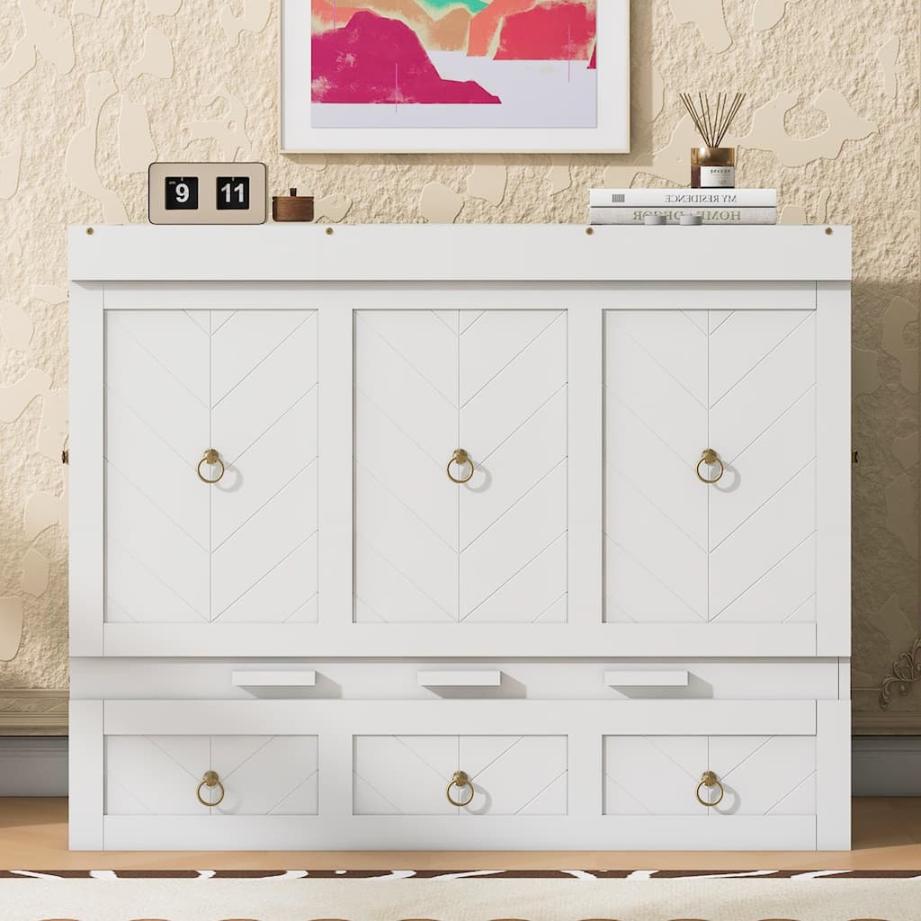 White Full Size Murphy Bed with Pulley Design, Drawer, and USB Ports