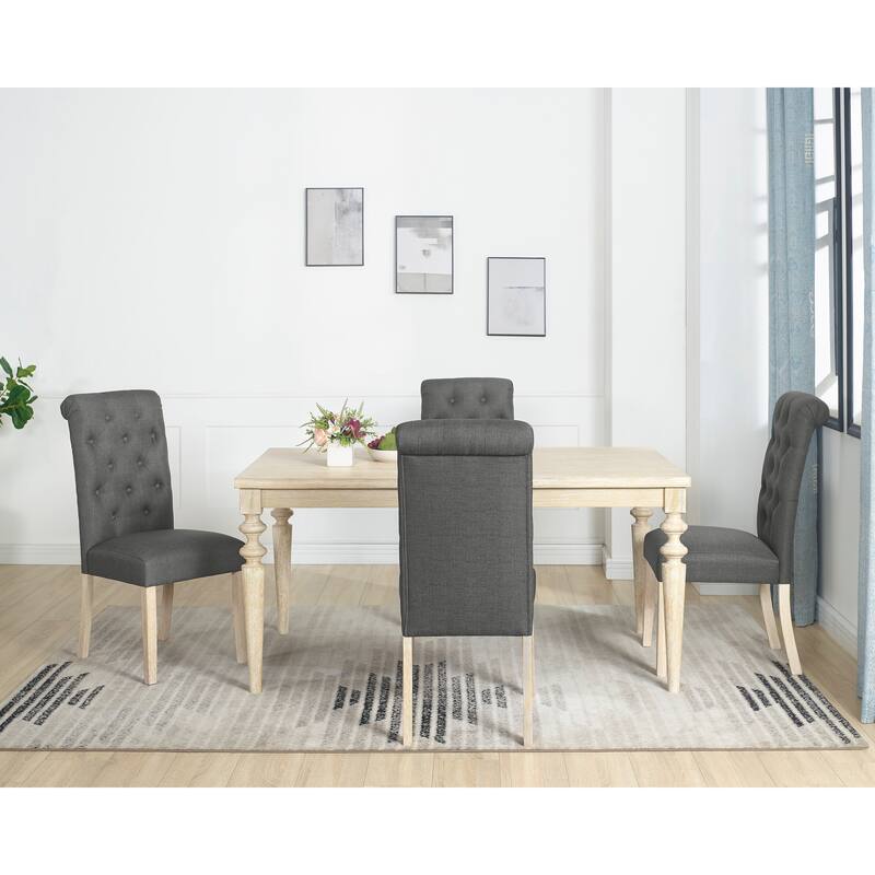 Rustic Rectangular Dining Table with Wood Legs, Kitchen Table and Chair Set, Button Tufted Upholstered Dining Chairs, Charcoal