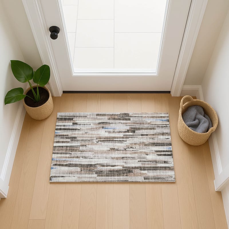 Machine Washable Indoor/ Outdoor Modern Stripes Chantille Rug