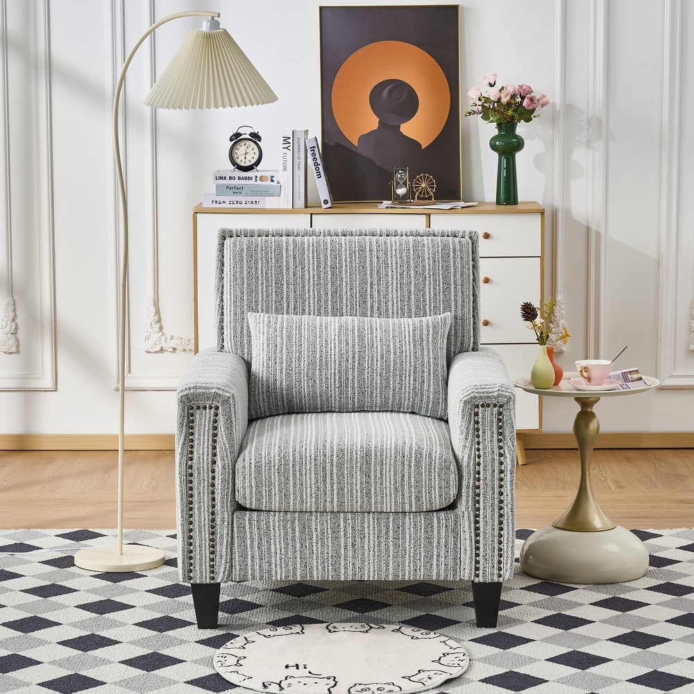 Modern Accent Chair with Arms,Comfy Upholstered Armchair for Living Room,Grey and White Striped Armchair with Nailhead Trim