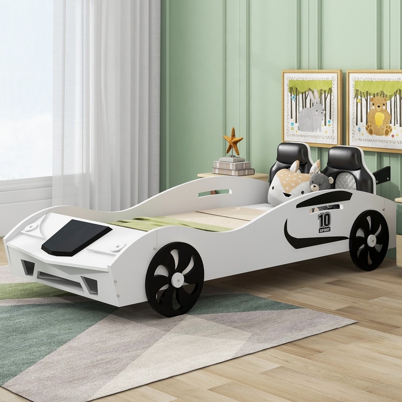 Twin Size Race Car Shaped Platform Bed with Storage Space Kids