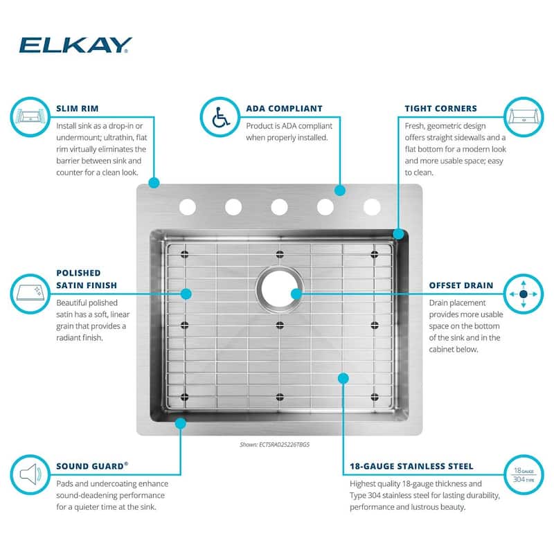 Elkay Crosstown Stainless Steel 25" x 22" x 6", Single Bowl Dual Mount ADA Sink Kit