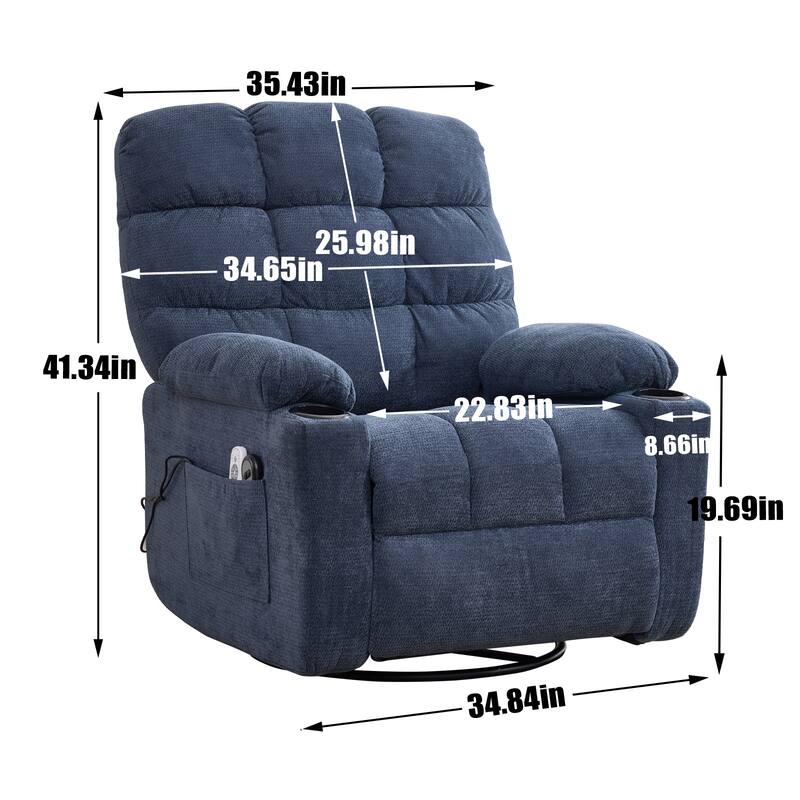 Swivel Recliner Chair with Heat & Massage, Oversized Fabric Manual Recliner Chair, Single Sofa with Cup Holders & Side Pocket