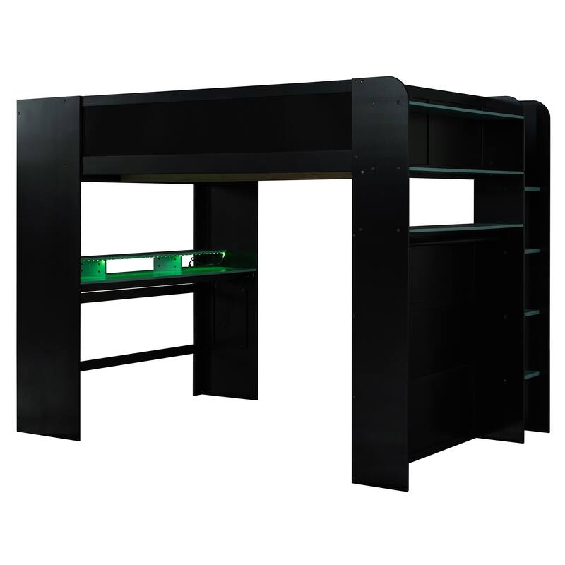 Full Size Wood Bunk Bed with height-adjustable Desk,Wardrobe,Ample Storage Space,and RGB Light