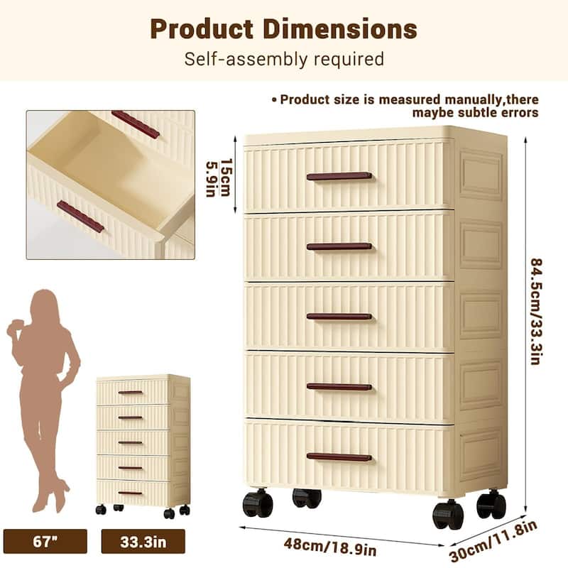Plastic Drawer Box with Wheels Rolling Container with 5 Drawers, Trolley Drawer Cabinet, Desk Cabinet