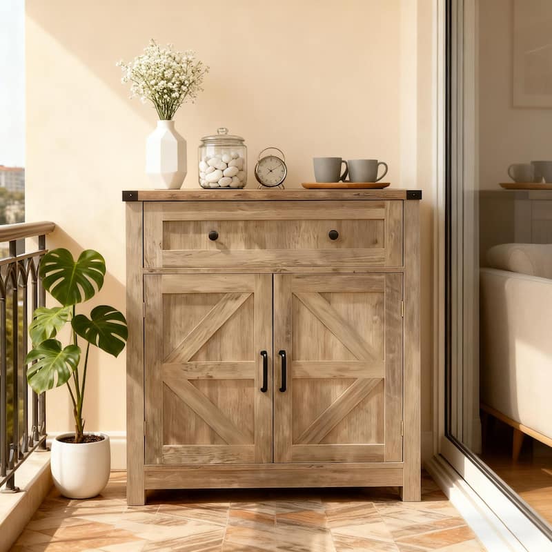 Anmytek Black Farmhouse Storage Cabinet with Drawer and Adjustable Shelf Barn Door Style for Bathroom and Kitchen