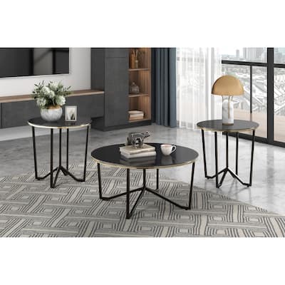 Round Coffee Table And End Tables 3pc Set Tempered Glass Top Metal Frame