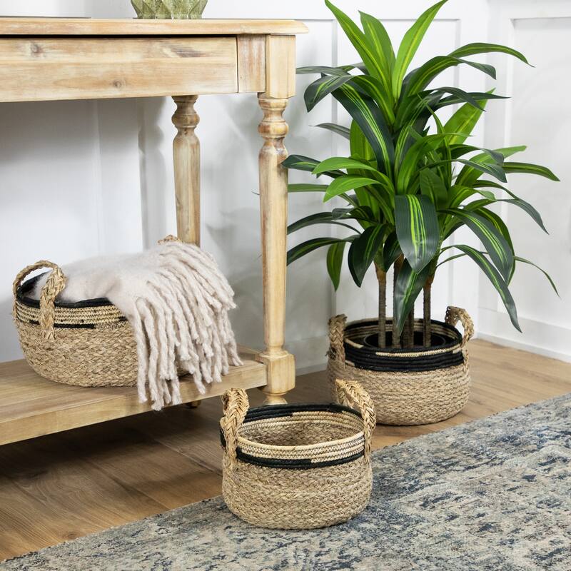 Set of 3 Khaki and Black Braid Weave Seagrass Storage Baskets with Handles 13.75" - 11