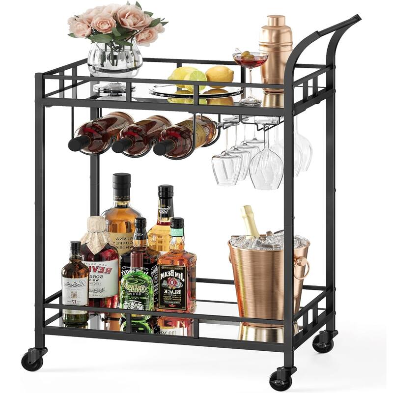 Home Bar Cart with 2 Mirrored Shelves, Wine Holders, and Glass Holders - Black