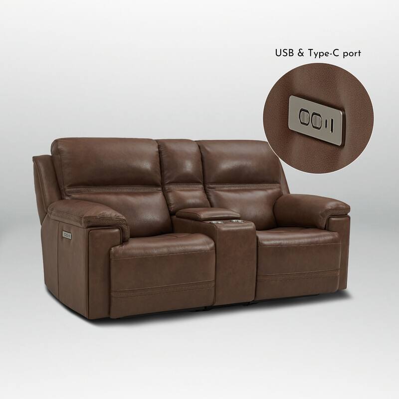 Genuine Leather Dual Power LoveSeat with Console, Adjustable Headrest, Footrest, USB/Type-C & Zero Gravity