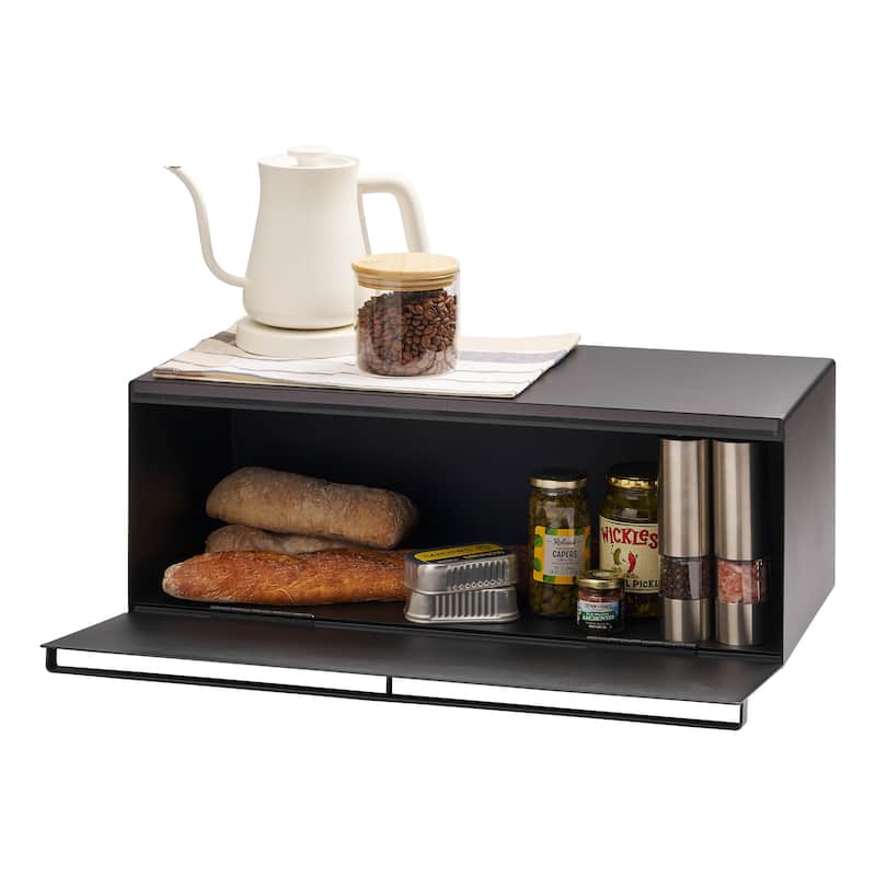 Yamazaki Home Bread Box - Wide, Steel, 32L, Holds 22 lbs - L 11.81 x W 24.49 x H 8.66 inches - Black
