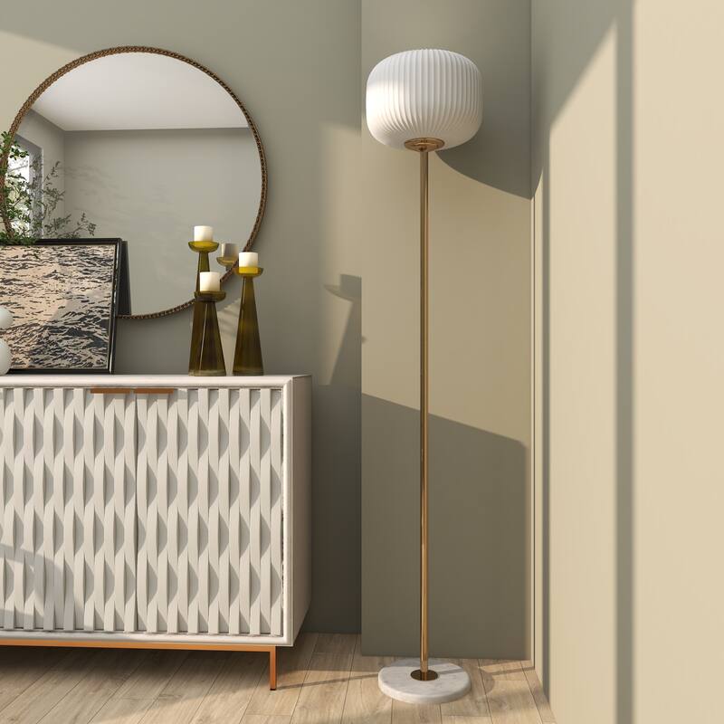 Metal Room Floor Lamp with Round Ribbed Shade - White - CosmoLiving by Cosmopolitan