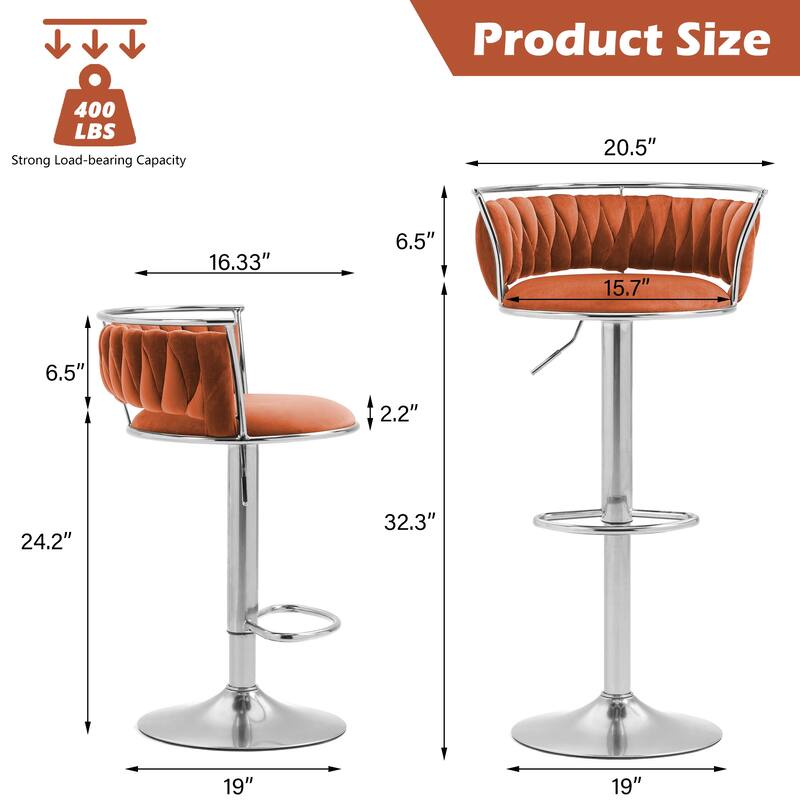 4 Set Velvet Adjustable Swivel Bar Stools With Backs