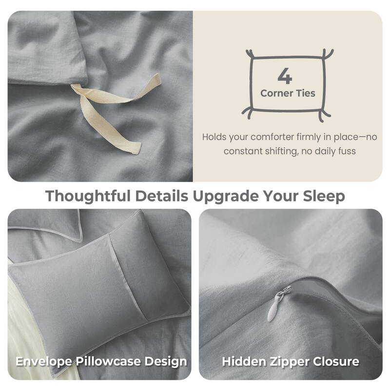 Flax Linen Cotton Blend Duvet Cover Set, Durable, Breathable and Moisture-Wicking, 3 Piece Bedding Set