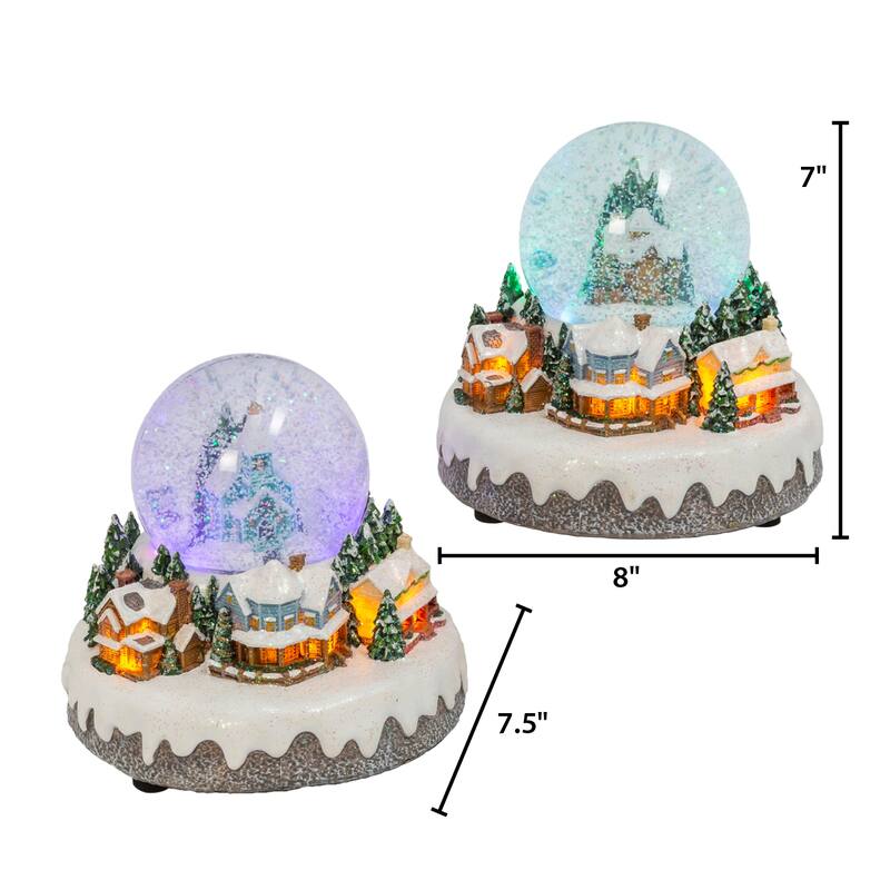 Set of 2 Musical Light Snow globe with Christmas Village Scene - N/A