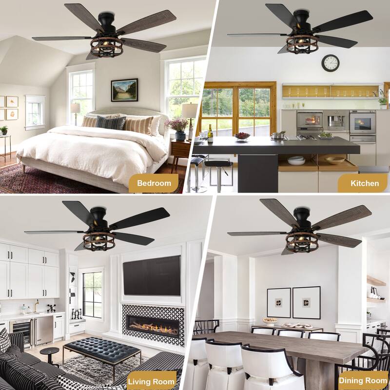 Cusp Barn 52-In Farmhouse Black Caged Ceiling Fan with Lights and Remote Control, Low Profile Flush Mount Chandelier Ceiling Fan