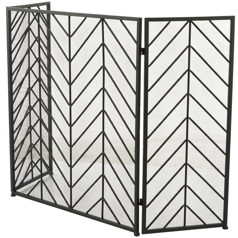 Metal Geometric Foldable Mesh Netting 3 Panel Fireplace Screen with Chevron Pattern - Gold, Black or Silver - Roche River Decor