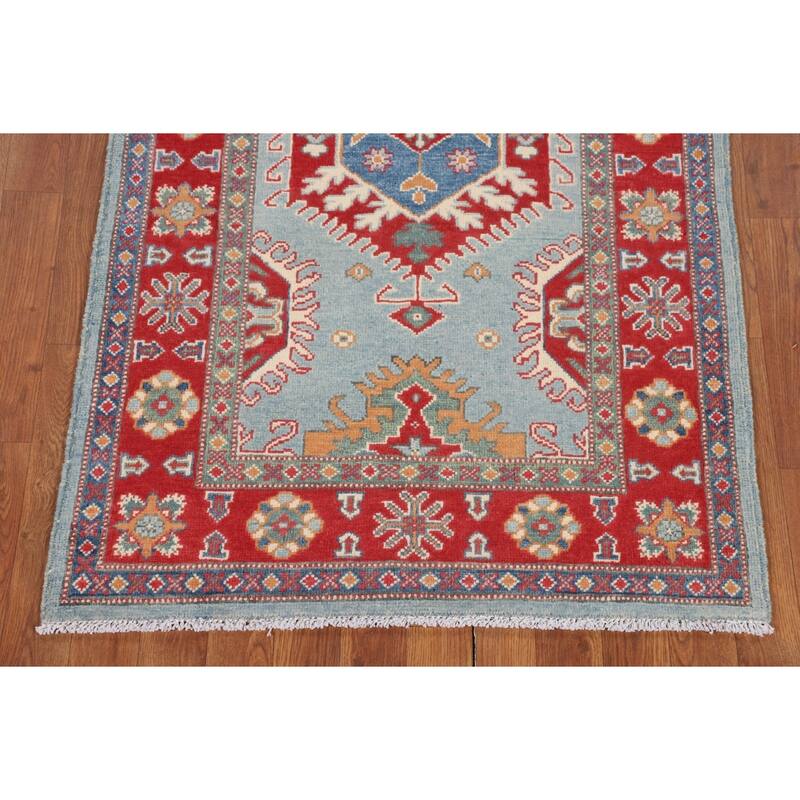 Light Blue Geometric Kazak Rug Hand-Knotted Wool Carpet - 3'1" x 5'3"
