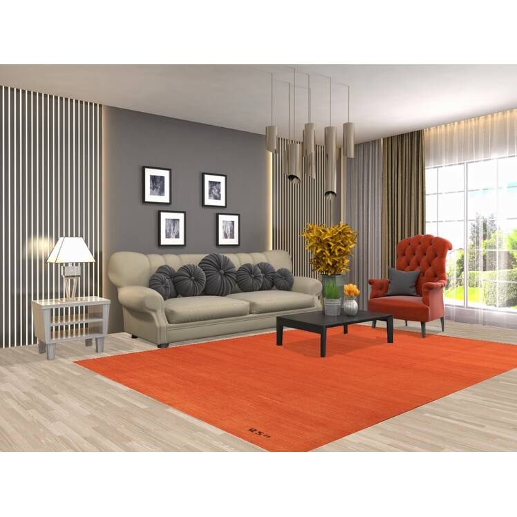 Modern Gabbeh Area Rug Hand-Knotted Oriental Orange Wool Carpet - 6'8" x 9'5"