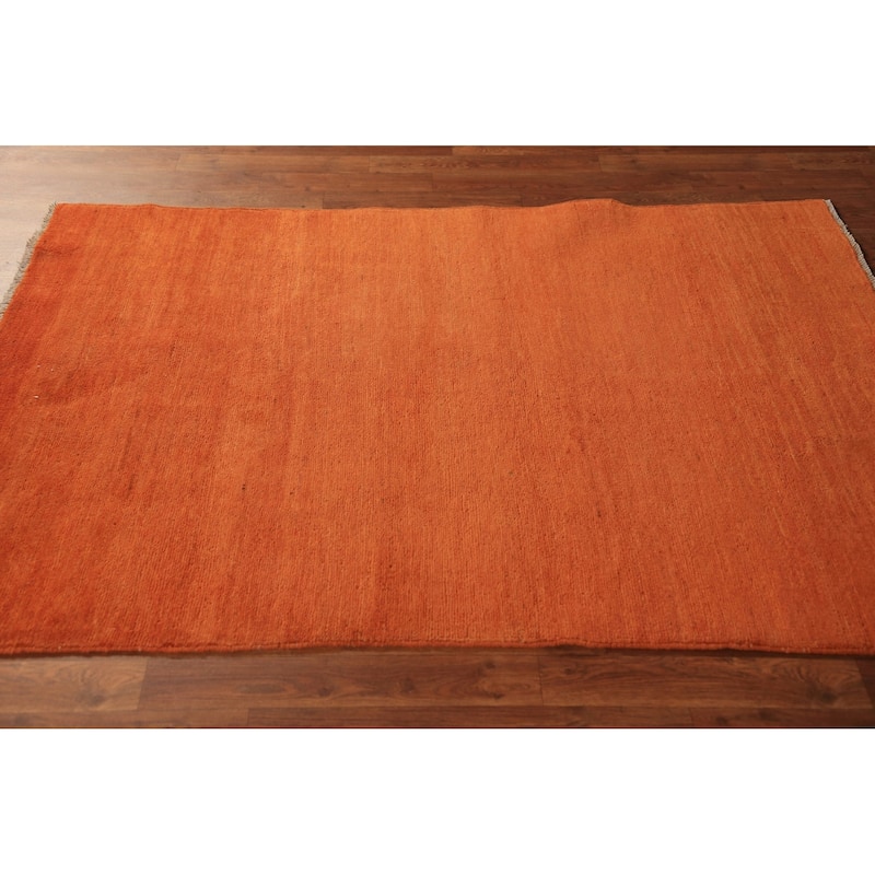 Orange Solid Gabbeh Modern Rug Hand-Knotted Wool Carpet - 4'0" x 5'8"