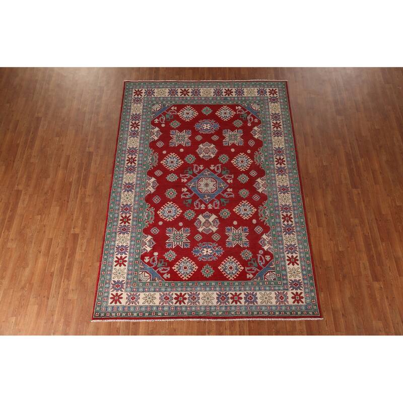 Red Geometric Kazak Oriental Area Rug Hand-Knotted Wool Carpet - 6'8" x 9'7"