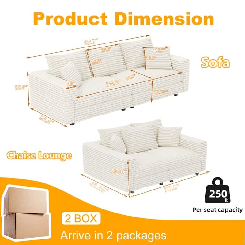 82.7 " Modern Plush Corduroy 3-Seat Sofa with Soft Pillows