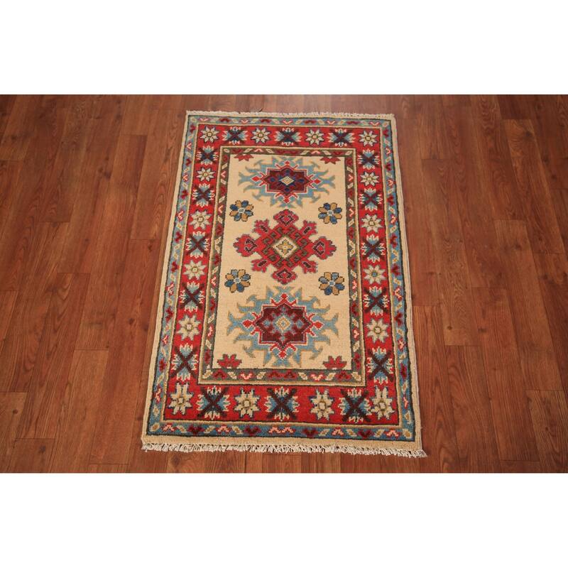 Geometric Kazak Foyer Rug Hand-Knotted Traditional Wool Carpet - 2'0" x 3'0"