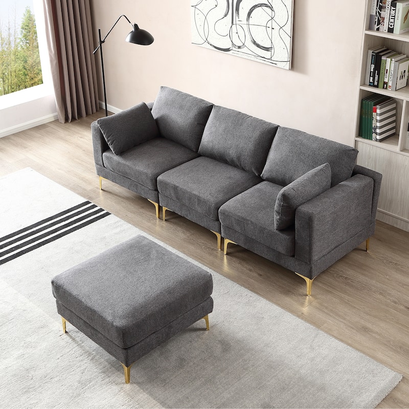 92'' Fabric L-Shape 3-Seater Sofa with Ottoman, Gold Metal Legs, and Toss Pillows