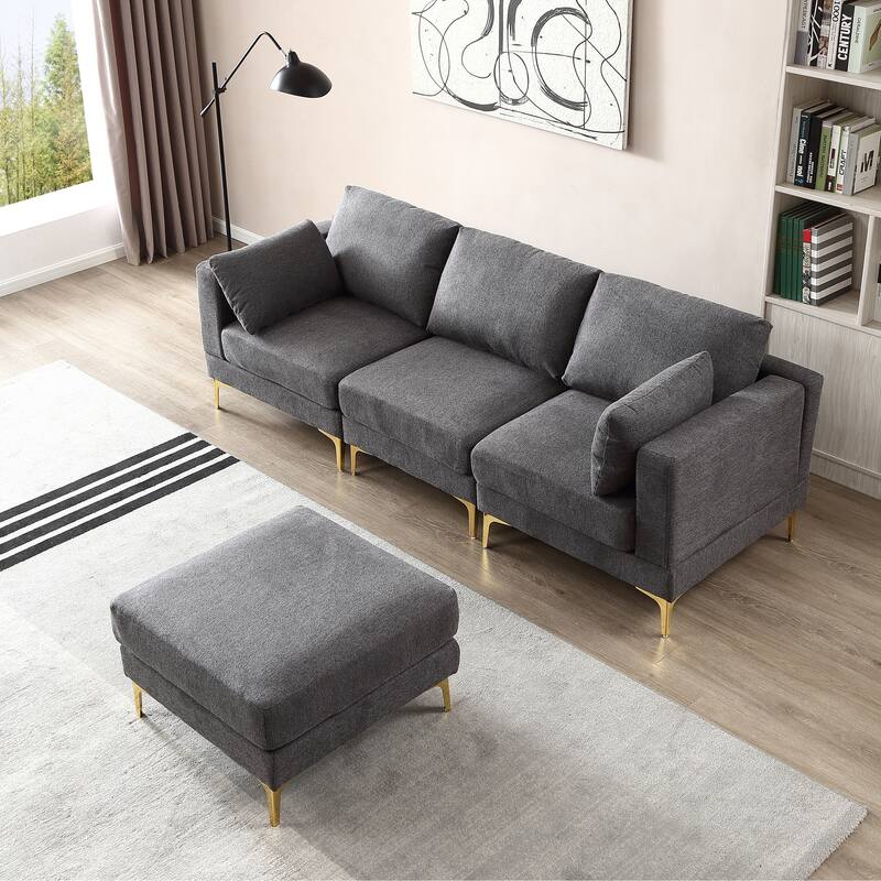 92'' Modern Turquoise L-Shaped 3 Seat Sofa with Ottoman, 2 Pillows, Gold Metal Legs, and Polyester Upholstery