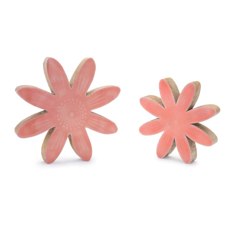 HomeRoots Set of Two Pink Wood Flowers Tabletop Sculptures - 7.50 in. x 7.50 in. x 1.00 in.
