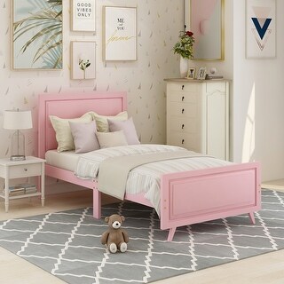 Twin Size Wooden Platform Bed with Vintage Headboard and Footboard, Solid Wood Slats Support, Adorable Style for Kids' Bedroom