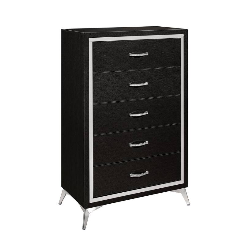 Sami 49 Inch Tall Dresser, 5 Drawers, Mirror Trim, Embossed Texture, Black - Black, Chrome - 5-drawer