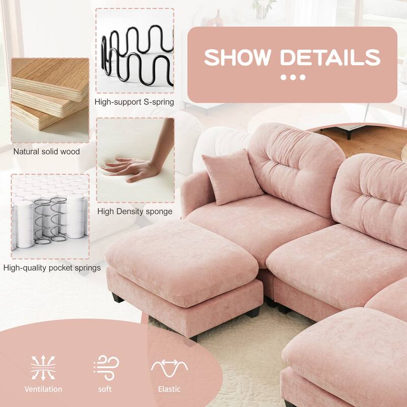 Loveseat Sofa Recliner Sofa, Sectional L-Shaped Couch with Ottoman, Chenille Chaise Lounge Sofa with Tufted Backrest