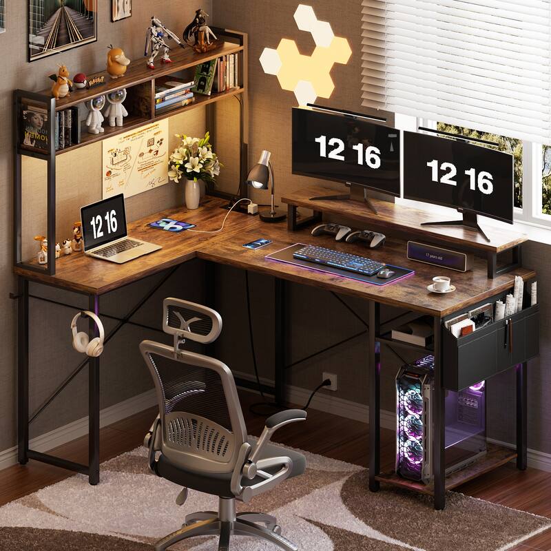 Farmhouse L-shaped Desk with Power Outlet, Gaming Table with Hutch and LED Light