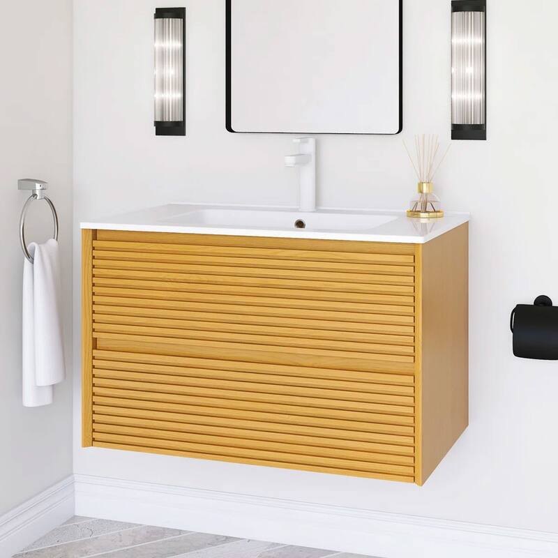 Wall-Mounted Bathroom Vanity with White Ceramic Sink