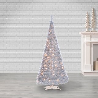 6 ft. Pre Lit Warm White LED Pop Up Silver Tinsel Tree - Bed Bath ...